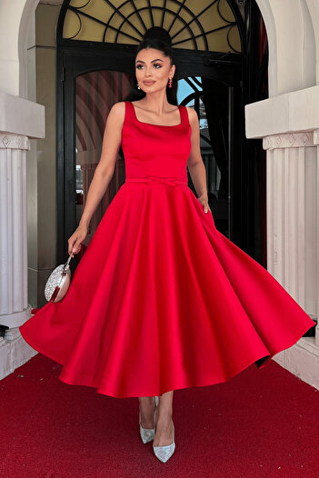 giyimmasalı Satin Fabric Thick Strap Midi Dress - Red