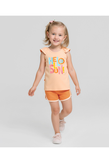 Bonfino 100% Cotton "Hello Sun" Text Printed T-Shirt and Shorts Set - Peach