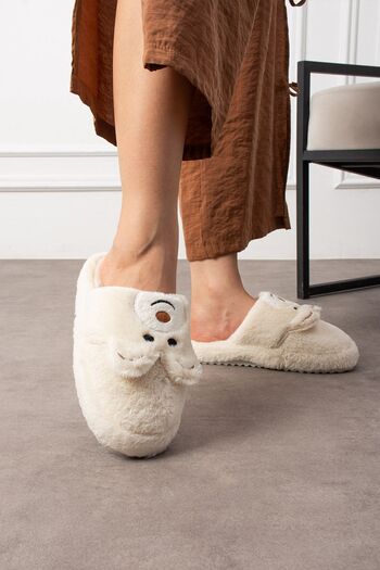 NOVİNS Cute Plush Teddy Bear Figured Embroidery Embroidered Non-Slip Non-Slip Light Sole House Slippers