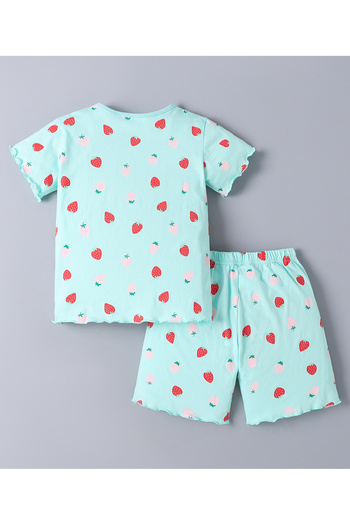SAPS 100% Cotton All Over Strawberry Printed Short Sleeves T-Shirt & Shorts Co-ord Set - Mint Green