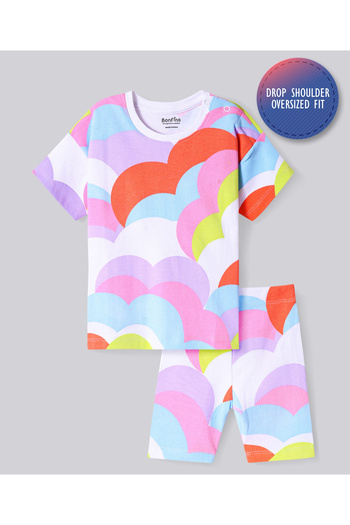 Bonfino T-Shirts & Shorts Set with Rainbow Cloud Print - Multicolor
