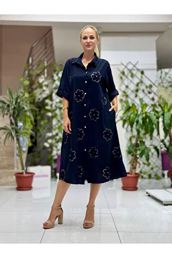 Punta Otantik Pt91720 Sequin Coton Italian Shirt Dress Black