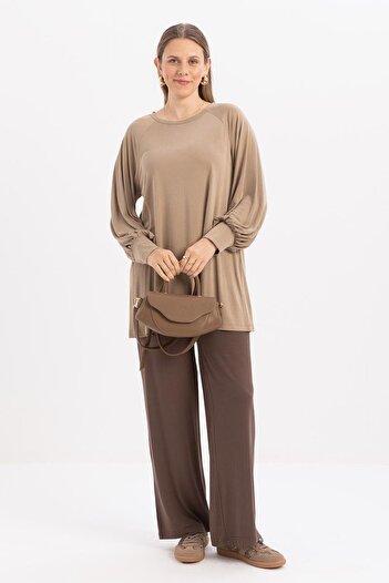 ALLDAY Mink-Cotton Sleeves Gathered Long Sleeve Lycra T-Shirt