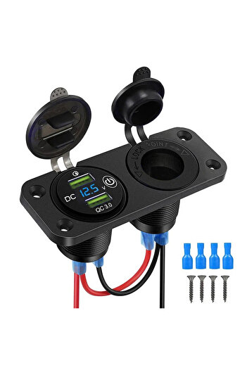 Kebidumei LED Blue with wire Waterproof Cigarette Lighter Outlet Quick Charge 3.0 12V/24V Dual USB Car Socket