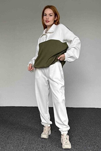 Cappmoda Tkm-03650 White Khaki Color Block Modal Fabric Zippered Casual Sweatshirt Jogger Tracksuit Two-Piece Set
