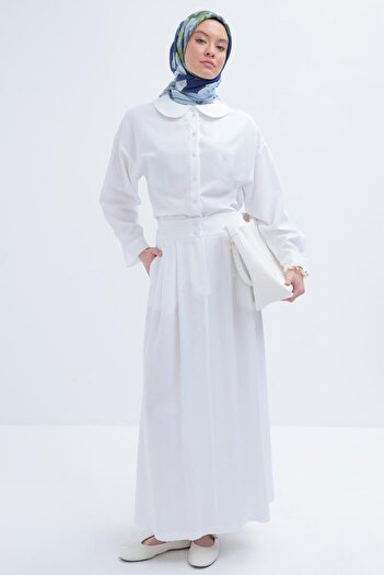 ALLDAY White-Baby Collar Linen Skirt Suit