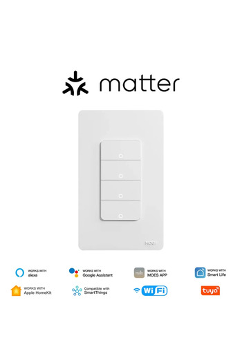 MOES 4 Gang Switch WiFi Matter Switch Smart Tuya Light Button Neutral Wire Required App Control Grou