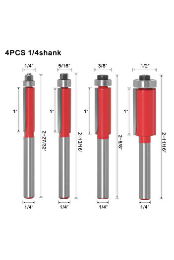 Choice 6.35MM 4Pcs Flush Trim Bit Set Router Bit Bearing Cutting Edge 6mm(1/4") Shank 6.35/7.96/9.52/12.7mm