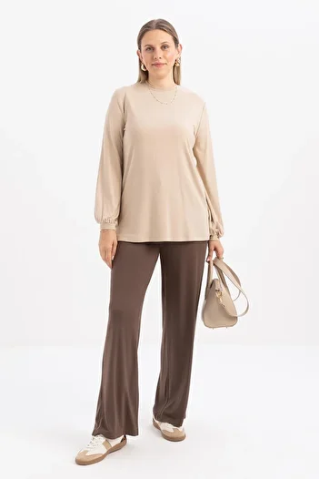 ALLDAY Beige-Crew Neck Sleeve Hem Gathered Lycra Cotton Blouse