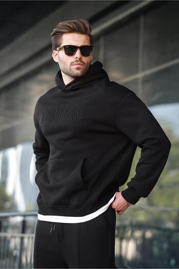Madmext Black Hooded Men's Tracksuit Set E7324