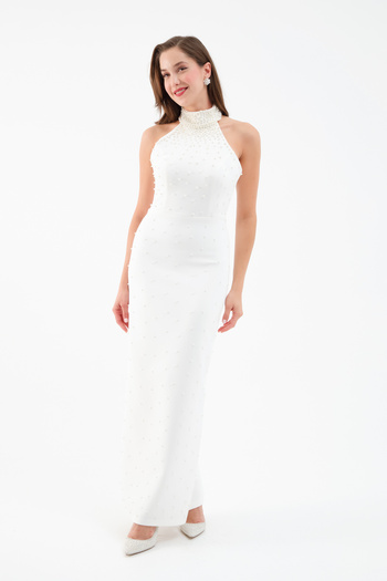 Lafaba Women's White Halter Neckline Pearl Promise Engagement Wedding Evening Dress