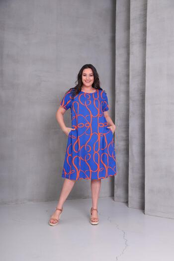 Ebsumu Women's Plus Size Geometric Pattern Woven Blue-Orange Dress