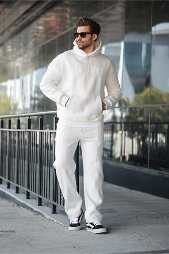 Madmext Ανδρική αθλητική φόρμα Ecru Hooded E7324