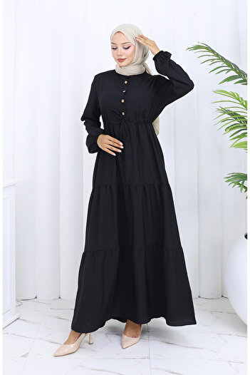 sefamerve Button Dress with Tie-Up at the Waist 0128-07 Black