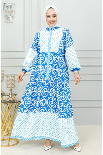 sefamerve Φόρεμα Hijab Ethnic Pattern 0302-02 Μπλε