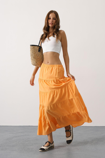VAGGON Women's Yellow Layered Linen Skirt Vs00414