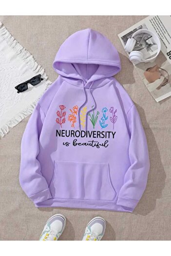 caddekombin Neurodiversity Printed Hooded Pocket Cotton Lilac Sweatshirt