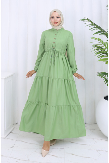 sefamerve Button Dress with Tie-Up at the Waist 0128-04 Grass Green