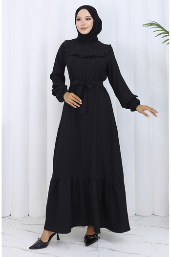 sefamerve Ruffle Collar Belted Dress 2123-01 Black