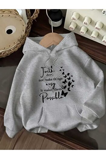 caddekombin Faith Easy Possible Baskılı Kapüşonlu Cepli Pamuklu Gri Sweatshirt