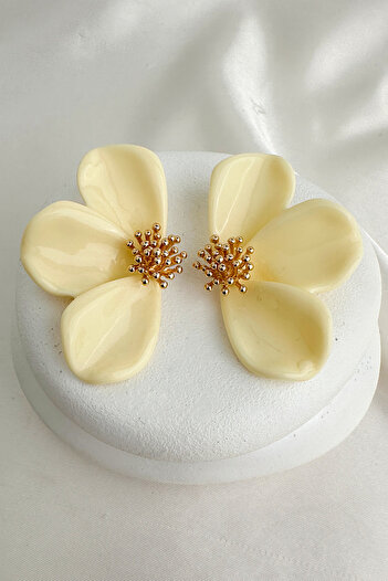 Modex Bone Color Topcuk Detail Flower Earrings (7cm)