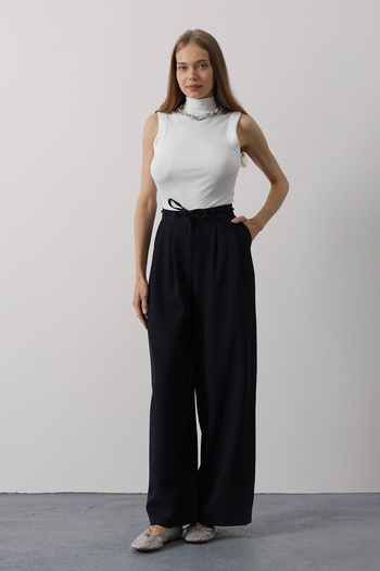 VAGGON Women's Dark Blue Double Pocket Pleated Lace Oversize Trousers Vs00534