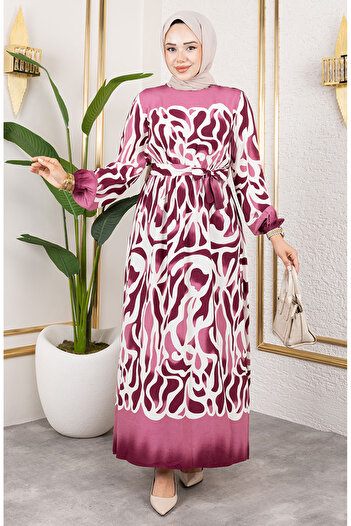 sefamerve Patterned Dress with Elastic Waist 7127-05 Dark Dusty Rose