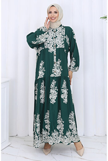 sefamerve Viscose Fabric Half Button Dress 2117-05 Emerald Green