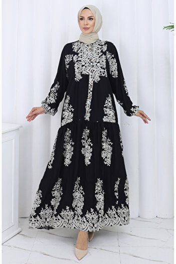 sefamerve Viscose Fabric Half Button Dress 2117-04 Black