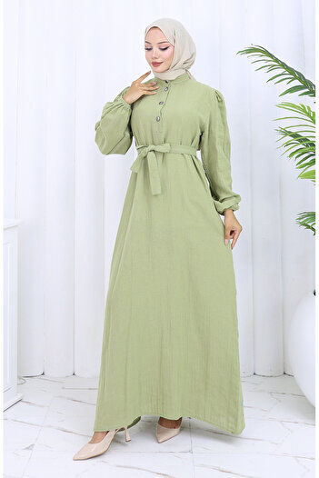 sefamerve Belted Dress with Elastic Sleeves 2112-04 Mildew Green