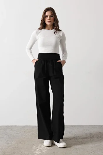 VAGGON Women's Black Double Pocket Foldable Waist Palazzo Pants Vs00486