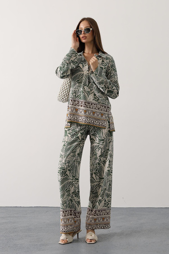 VAGGON Women's Ecru Patterned Half Placket Blouse and Pants Set Vs00588