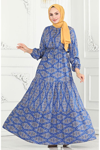 sefamerve Lace-Up Viscose Dress at the Waist 7109-01 Blue