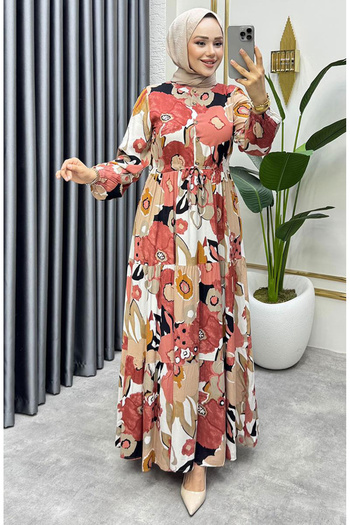 sefamerve Flora Patterned Viscose Dress 7129-04 Salmon