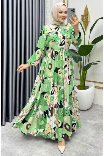 sefamerve Flora Patterned Viscose Dress 7129-05 Green
