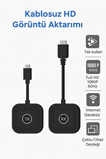 Coverzone Kablosuz Görüntü Aktarıcı S1 Type-C - 1080P 60Hz, USB-C TX-RX, Tak Çalıştır, TV-PC Bağlantı Kiti