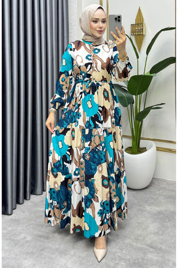 sefamerve Flora Patterned Viscose Dress 7129-02 Petrol