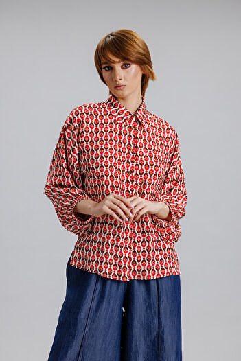 RVL White/coral wide-sleeved blouse