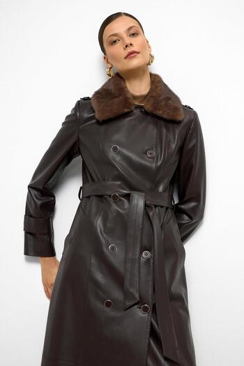 Olcay Double Breasted Leather Look Long Trench Coat with Detachable Fur Collar K. Brown 6676
