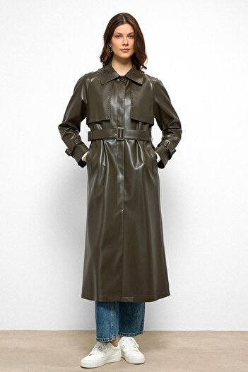 Olcay Raglan Sleeve Cape and Punto Stitch Detail Leather Trench Coat Khaki 6754