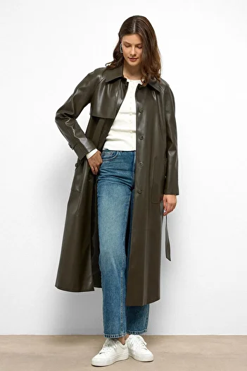 Olcay Shirt Collar Raglan Sleeve Cape and Bag Pocket Detailed Leather Trench Coat Khaki 6760