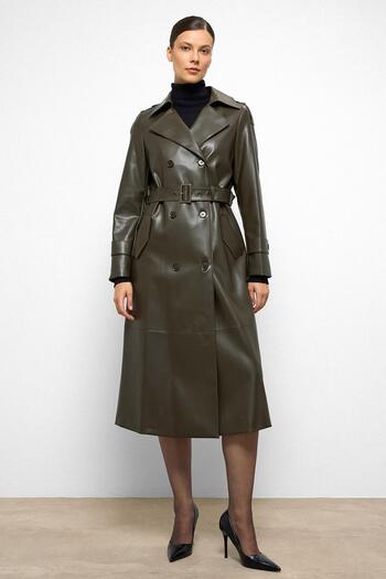 Olcay Epaulet Detailed Double Breasted Leather Trench Coat Khaki 6756
