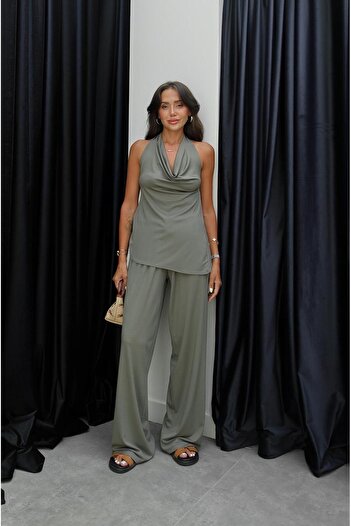 Havoş Khaki Draped Blouse Pants Modal Set