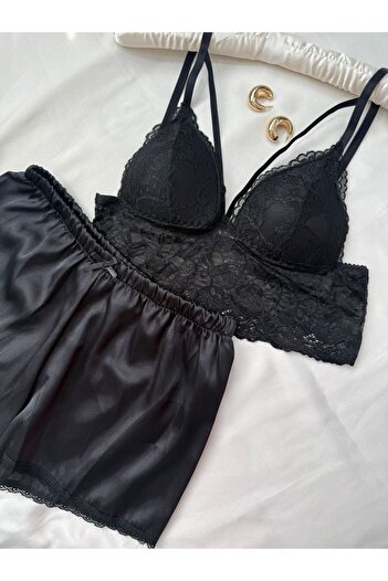 İNKO İÇ GİYİM Σετ σατέν σορτς Bustier με λεπτομέρεια δαντέλας