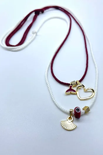 Concept HuBuTU Evil Eye Heart Fish Tail Figured Evil Eye Themed Burgundy White Twisted Rope Necklace Set (2 Pieces)