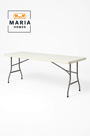 MARIA HOMES Rectangular Folding Table – White Plastic Top with Steel Legs-size 181.5*77*5.5CM