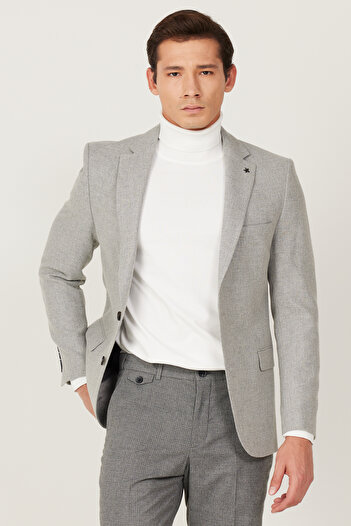AC&Co / Altınyıldız Classics Erkek Gri Slim Fit Dar Kesim Mono Yaka Desenli Yünlü Blazer Ceket