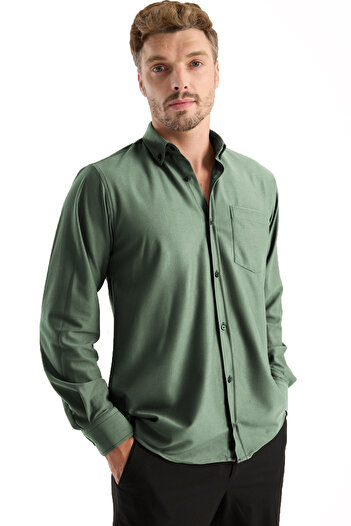 Varetta Men's Shirt Green Lycra Long Sleeve Pocket Comfortable Fit Loose Draped Cotton Daily Stylish Model