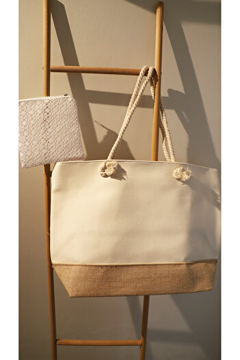 AQUATOLIA Jute Canvas Bag - Zippered - 50*35 cm - Beach Bag