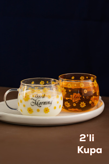 Porsima 2089 2-Piece Borosilicate Heat Fire Resistant Glass Tea Cup with Handle Coffee Cup Mug Yellow 400 ml